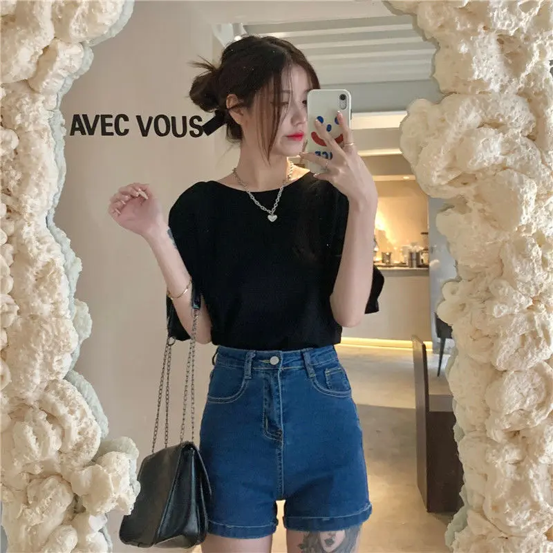 Short Sleeve T-Shirts Women Backless Ins Basic Tees Femme Tops Fashion Ladies Retro Ulzzang Korean Style Teens Preppy Simple New