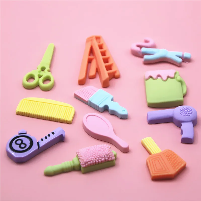 20pcs Hair Dryer Tape Measure Mirror Comb Ladder Scissors Resin Flat Back Cabochon Art Decoration Charm Craft Hair bow Center