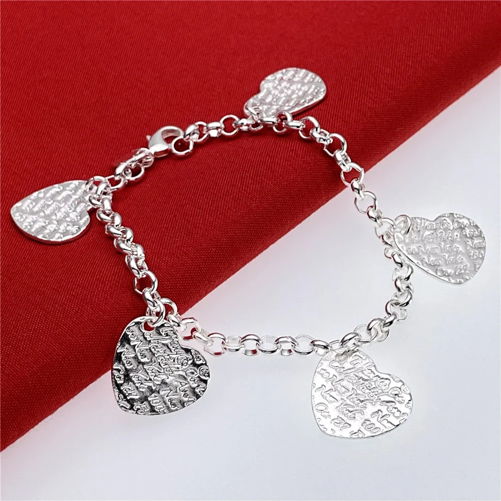 

925 Sterling Silver Bracelet Five Hearts Print Sculpture Bracelet For Women Fashion Pendant Wedding Engagement Party Jewelry