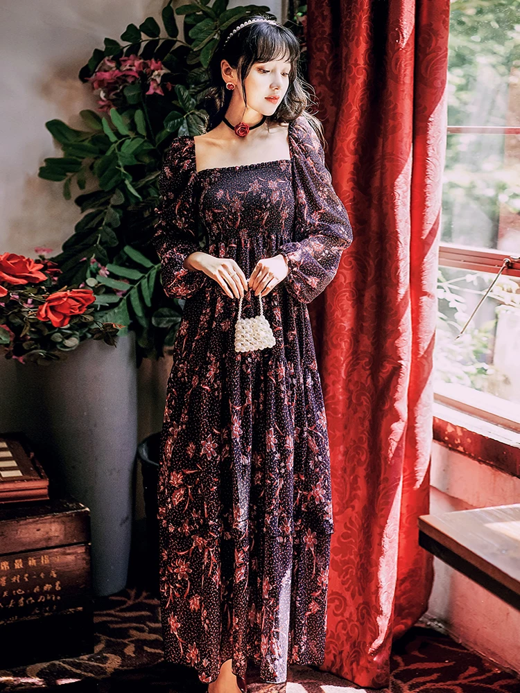 Bali Sanya Travel Seaside Holiday Beach Dress Women Autumn Lantern Long Sleeve Retro Square Collar Floral Print Long Dress