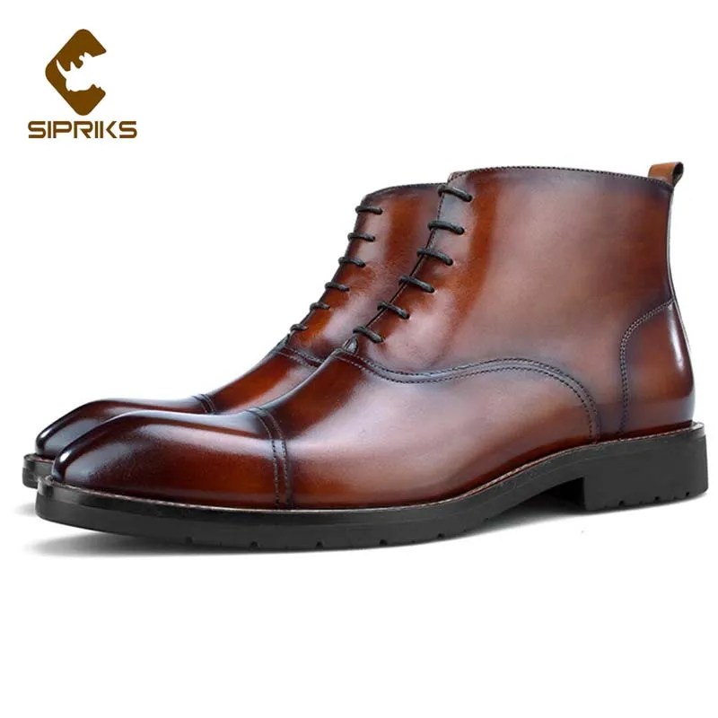 Sipriks Mens Ankle Boots Genuine Leather Cap Toe Zip Boot Retro Gentleman Footwear Shoes Elegant Black Wedding Shoes Grooms 44