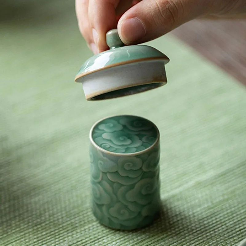 Yue Kiln Celadon Relief Auspicious Cloud Cover Base Ceramic Bracket Purple Clay Pot Lid Holder Household Kung Fu Tea Props