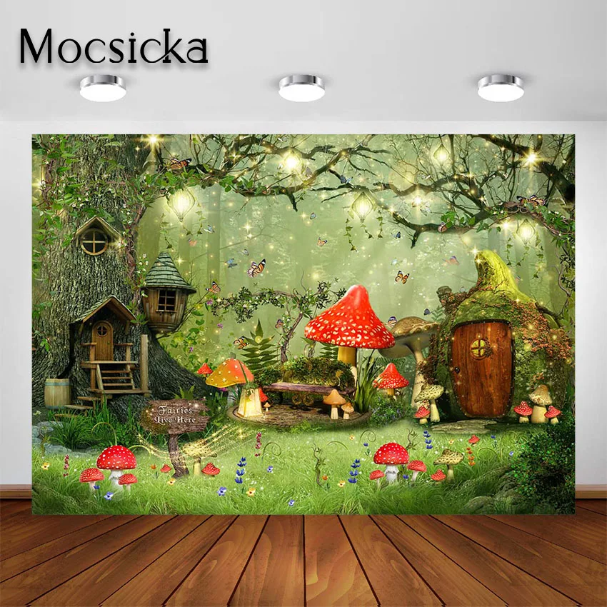 

Mocsicka Fantasy Fairy Tale Backdrop Green Garden Mushroom Wonderland Spring Photography Background Wonderland Party Decoration