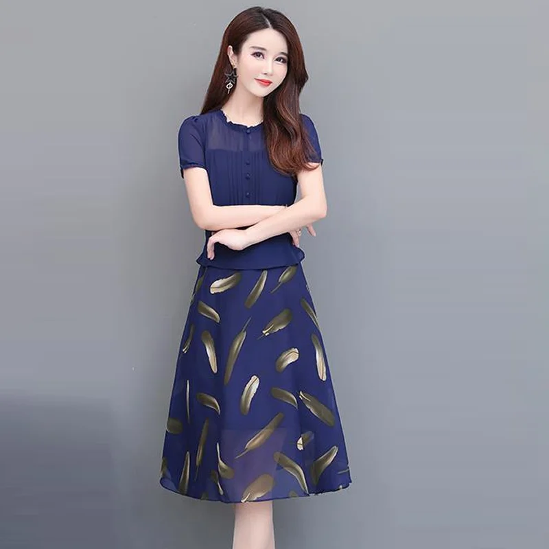 Gaun UHYTGF Gaun Sifon Pullover Kancing Sebaris Fashion Wanita Gaun Musim Panas Ramping Lengan Pendek Gaun Ukuran Besar Korea 937