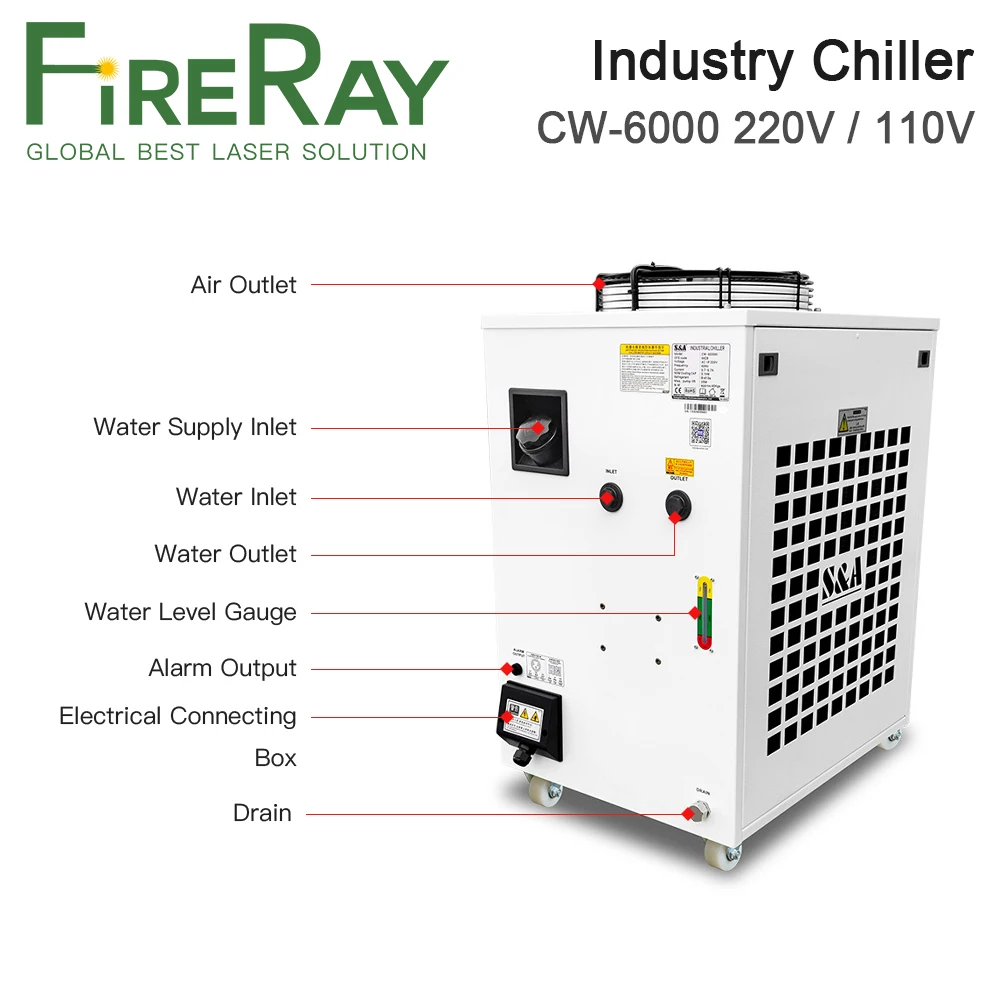 Промышленный воздушный охладитель воды FireRay S & A CW-6000 220 В 110 В 50/60 Гц, используется для 300 Вт 600 Вт Co2 стеклянных лазерных трубок, водяных охладит...