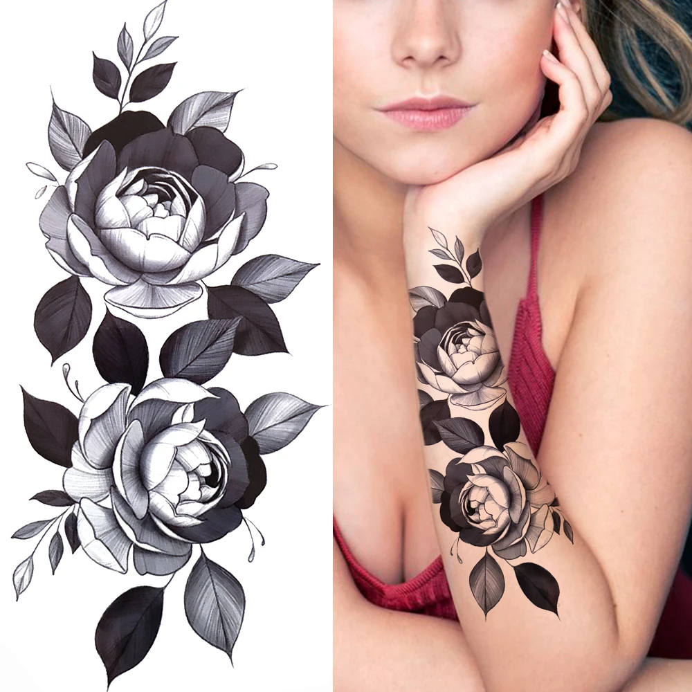 Fake Rose Flower Temporary Tattoos Dahlia Peony Black Tattoo Sticker For Women Girls Geometry Triangle Sexy Tatoo Paste Adults