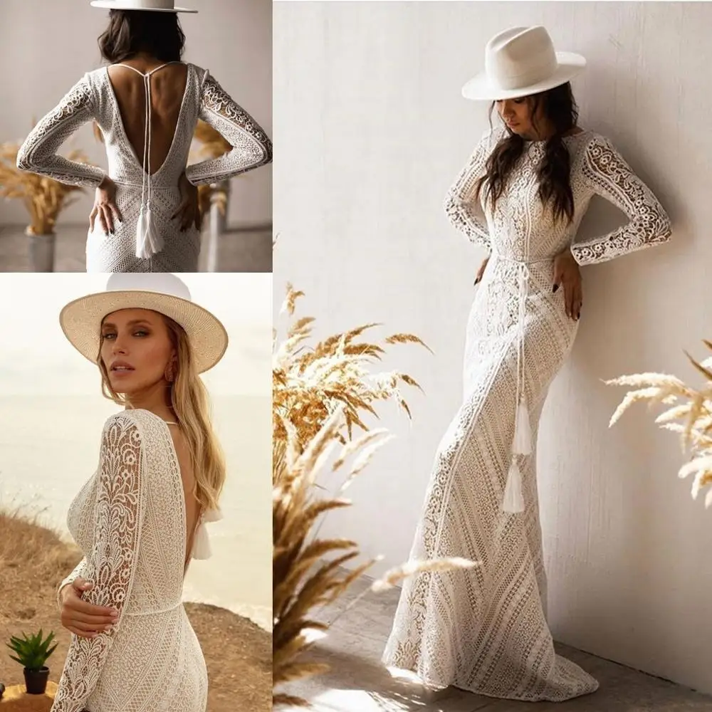 Vintage Mermaid Wedding Dresses with Long Sleeve 2021 Jewel Neck Crochet Cotton Lace Backless Trumpet Country Boho Bride Gowns