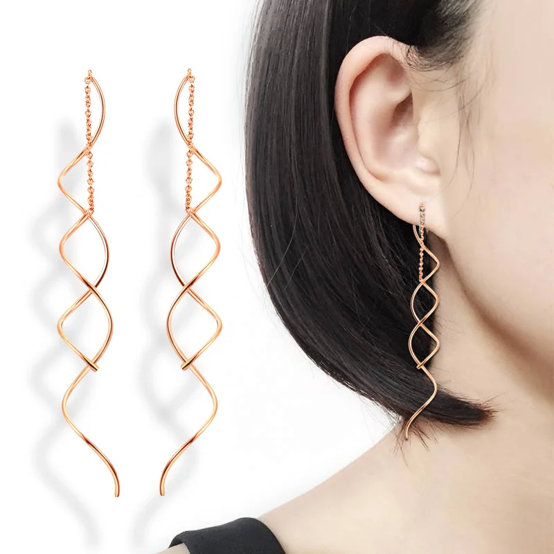 Unique Twisted Bar Long Line Chain Earrings Rose Gold Color Silver Color Fashion Dangle Earring Jewelry Ear Cuff For Women E243