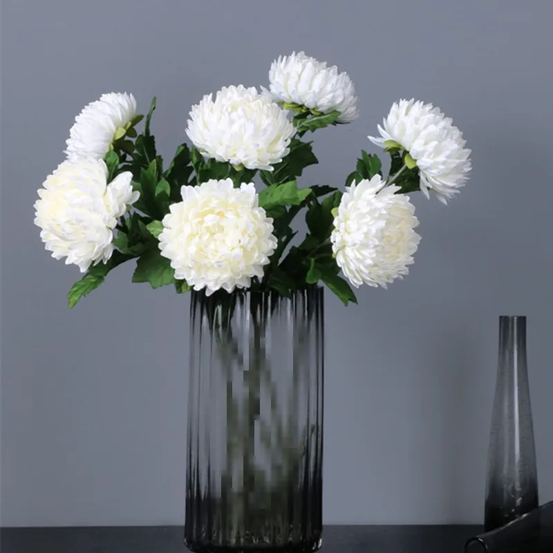 Large Marigolds Chrysanthemum with leaves white Artificial silk Flowers room table decor wedding flores