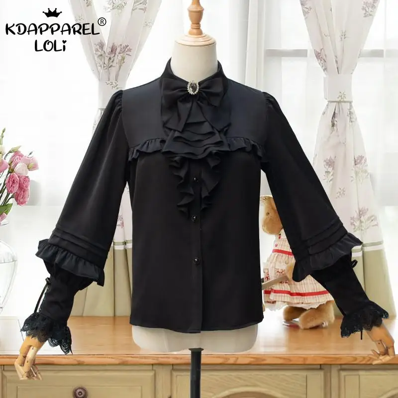 

Retro Women's Shirts Sweet Lolita Girls Blouses Lantern Sleeve Ruffles Bows Lace Ribbons Female Vintage Party Tops Summer Spring