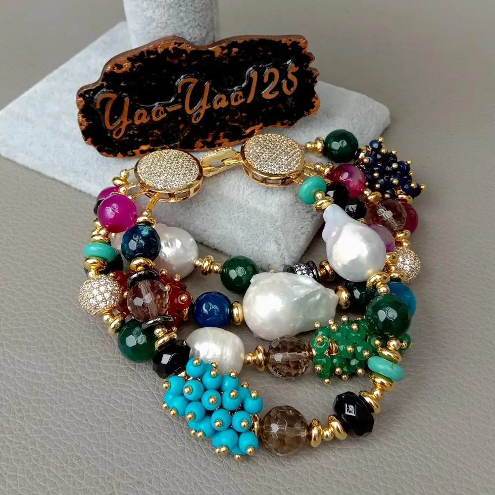 

YYGEM 8'' 4 Strands Cultured White Keshi Pearl Agate Jade Turquoise Cz Statement Bracelet magnet clasp vintage style for women