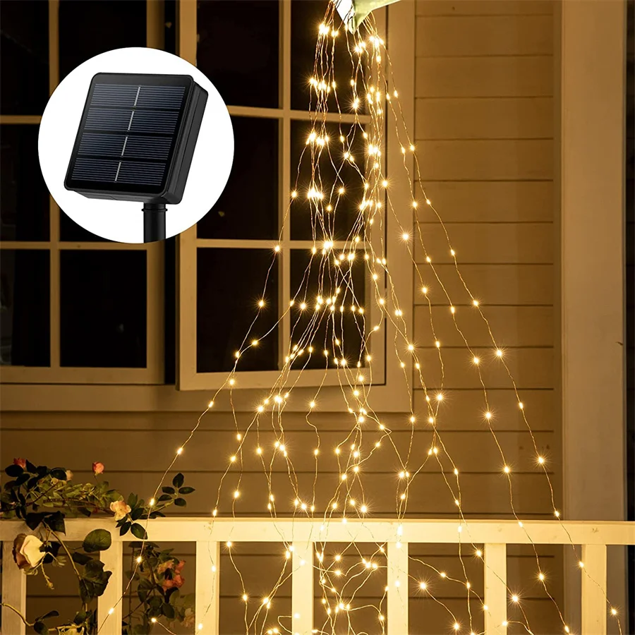 Luz solar da corda da videira da cachoeira 30 vertentes 600 led natal luz de fadas solar fio cobre ramo luz para jardim decoração da árvore