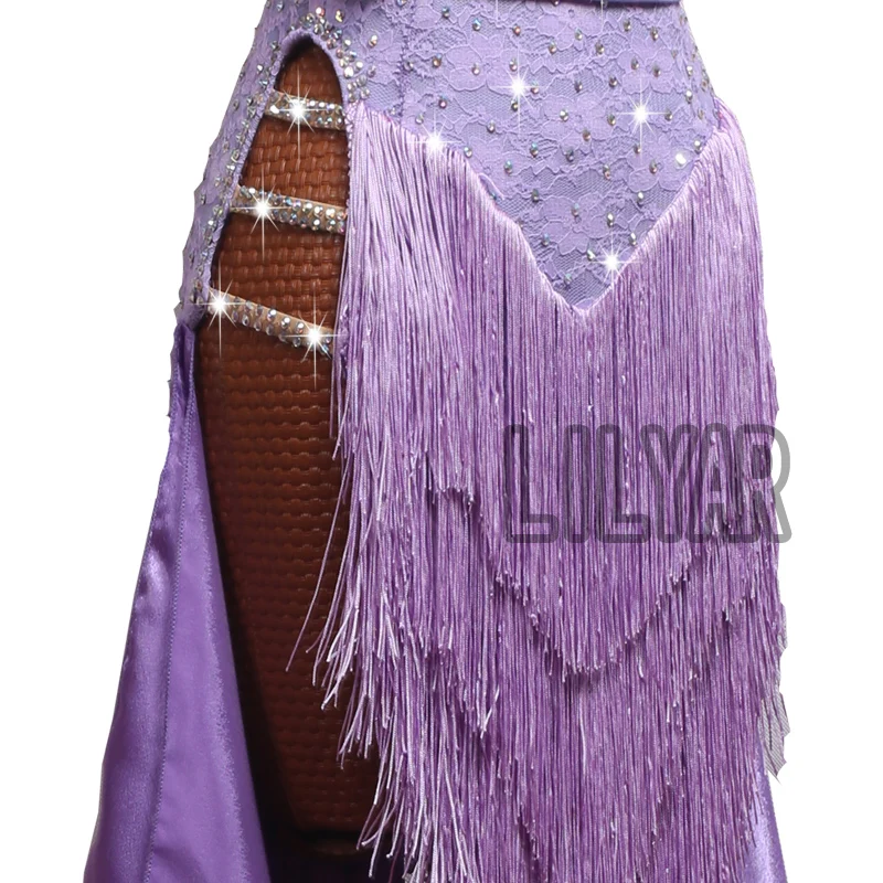 New Latin Dance Dress Competition Dress Costumes Skirt Performing Dress Rhinestones Adult Customize Children Purple Tassel Skirt