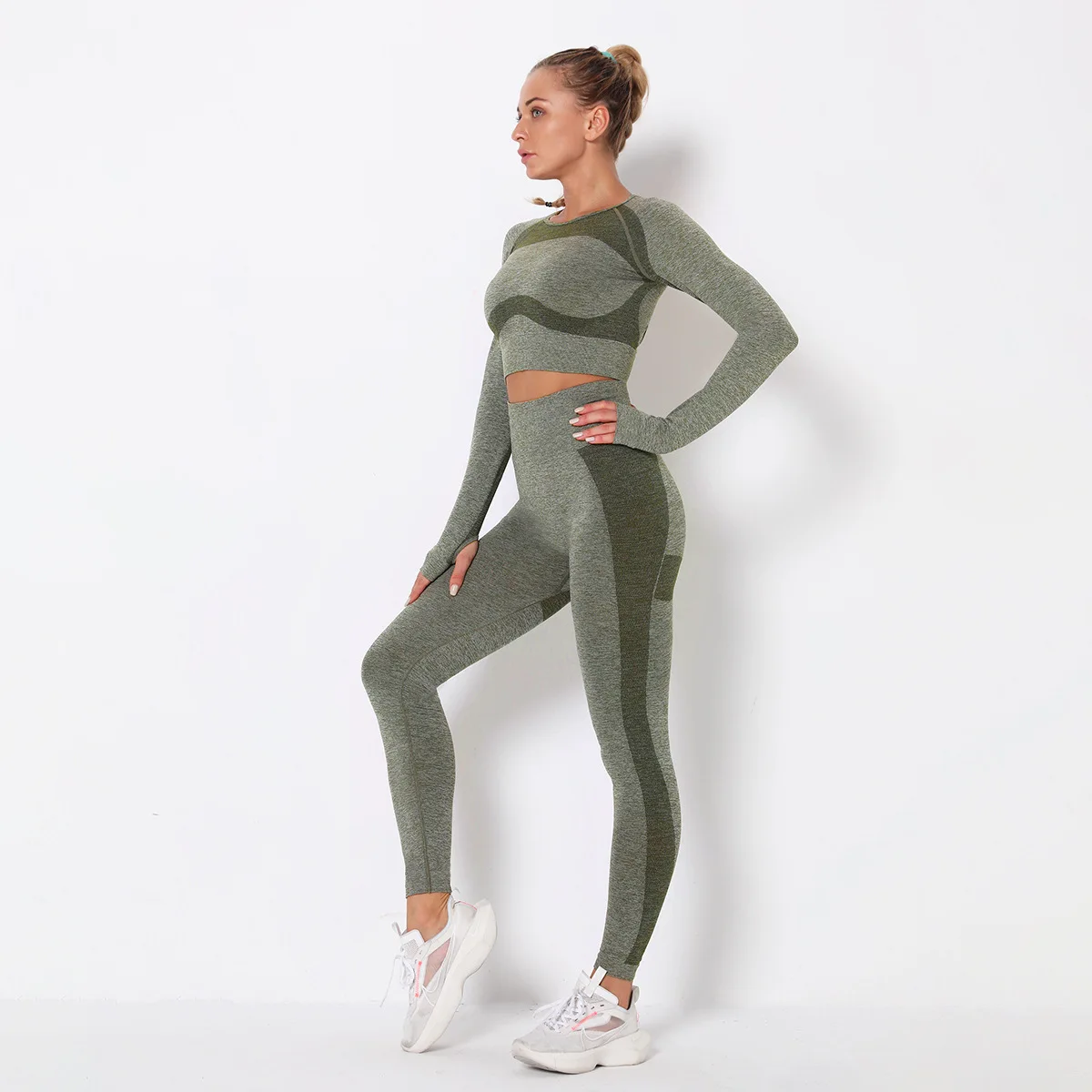 

2 Piece Seamless Gym Set Women Fitness Workout Sport Suit Tracksuit Active Sportswear High Waist Leggings + Long Sleeve Shirts