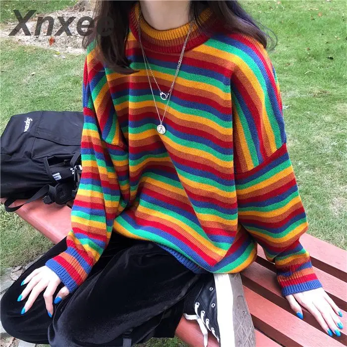 

Female Korean Harajuku Hong Kong-flavored Loose Striped Sweater Womens Sweaters Xnxee Japanese Kawaii Clothing For Women