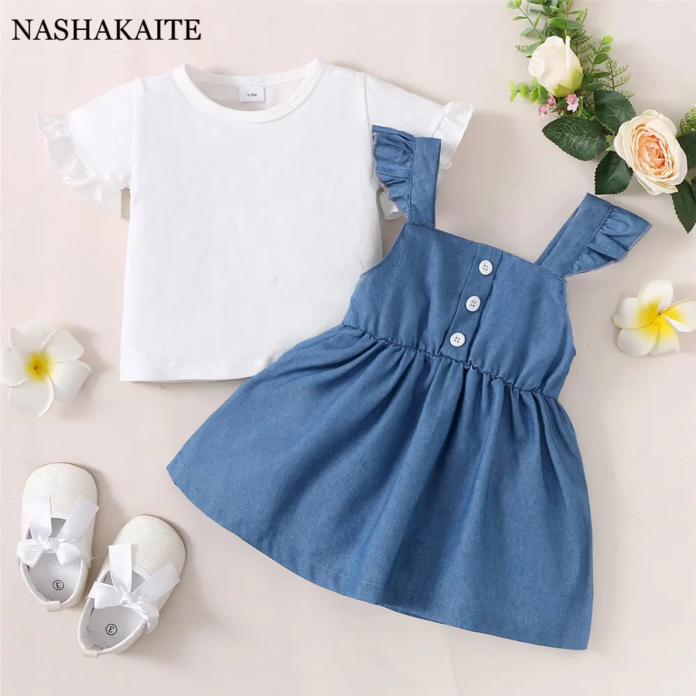 Summer Baby Girl Clothes 6 Months Cotton White Short-sleeved Top+Blue Denim Buckle Strap Skirt Back Hollow Bow Design Baby\'s Set