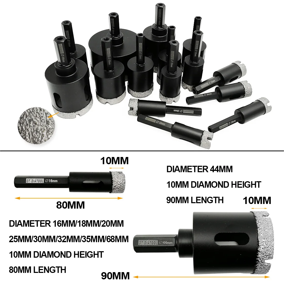 DT-DIATOOL 2pcs Dry Hexagon Shank Vacuum Brazed Diamond Hole Saw Granite Marble Drill Core Bits Ceramic Tile Drilling Bits