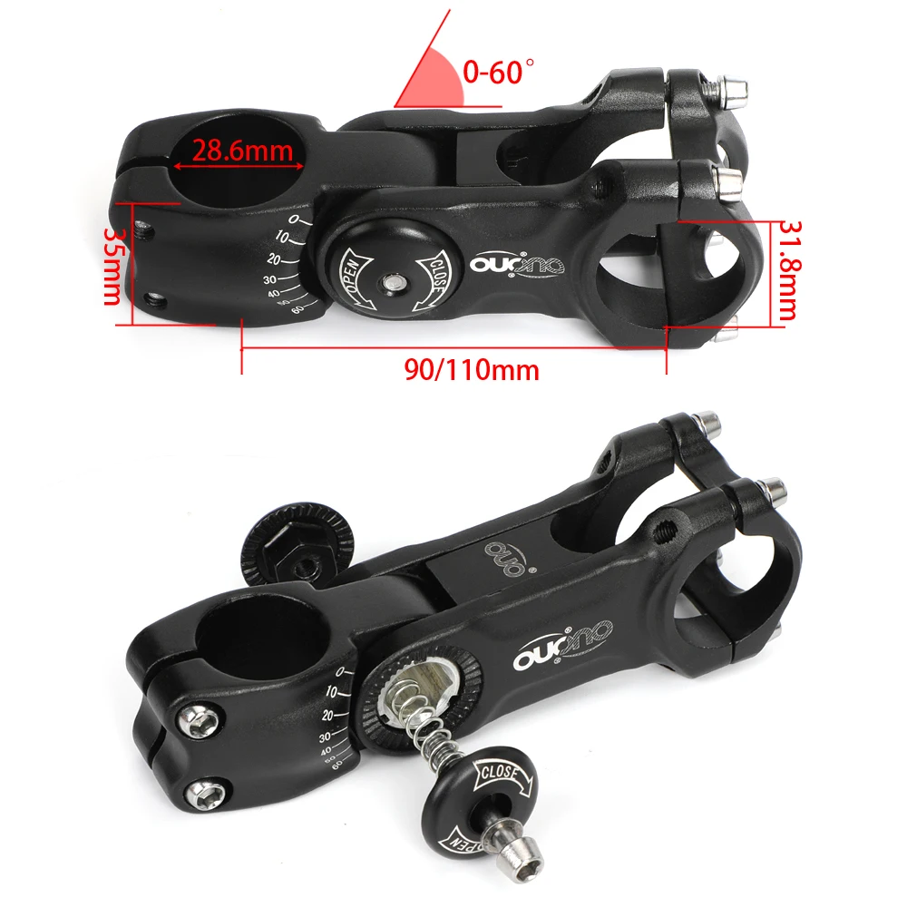 OUO Adjustable Bicycle Stem Riser 0-60 Degree Bike Handlebar Stem Adjust 31.8x90/110mm Aluminum Road Bike Stem Bar Extender
