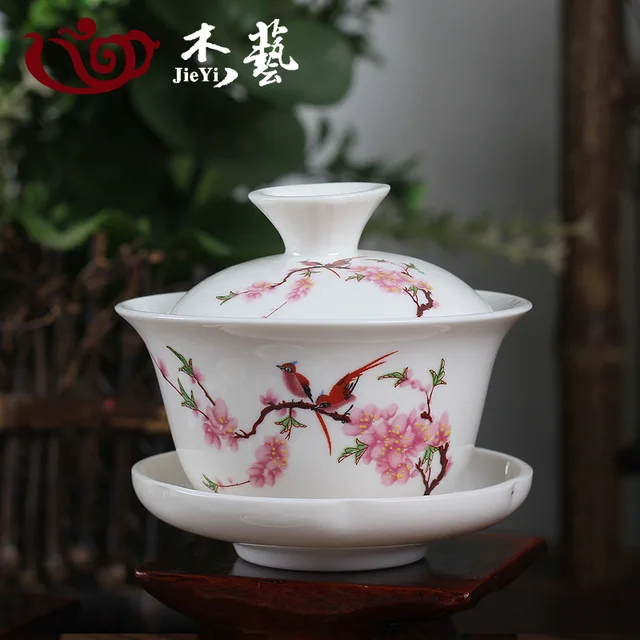 Bird Peach Blossom Porcelain Gaiwan Brewing Vessel Chinese Ceremony Gaiwan White Tureen Ceramic Gaiwan 110ml Gaiwan Tea Cups