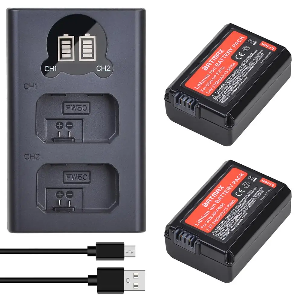 

Batmax 2160mAh NP-FW50 NPFW50 Battery +LED Dual Charger for Sony Alpha a6500 a6400 a6300 a7 7R a7R a7R II a7II NEX-3 NEX-3N