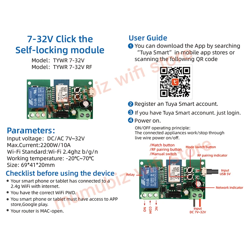 Tuya Smart USB 7-32V DIY 1 Channel Jog Inching Self-Locking WIFI Wireless Switch, APP Remote Control Compatible with Alexa