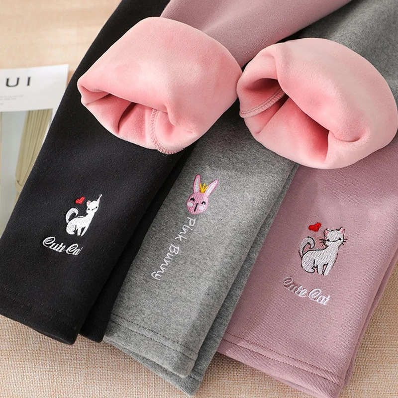 New Winter Thick Warm  Leggings For Girls Leggings Cartoon Cat Pants Elastic Waist Plus Velvet Children Pants Trousers