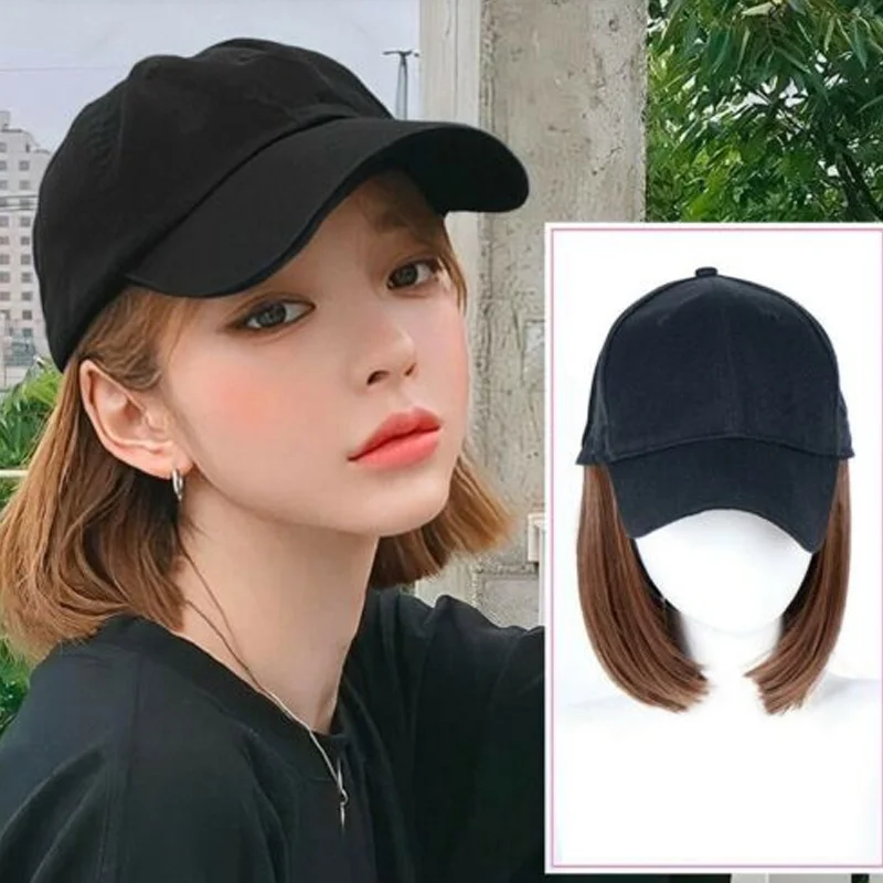 Baseball Hat with Short Hair Wigs Bob Hair Synthetic Hat for Women Summer Short Straight Hair Heat Resistant Fiber 2023 New