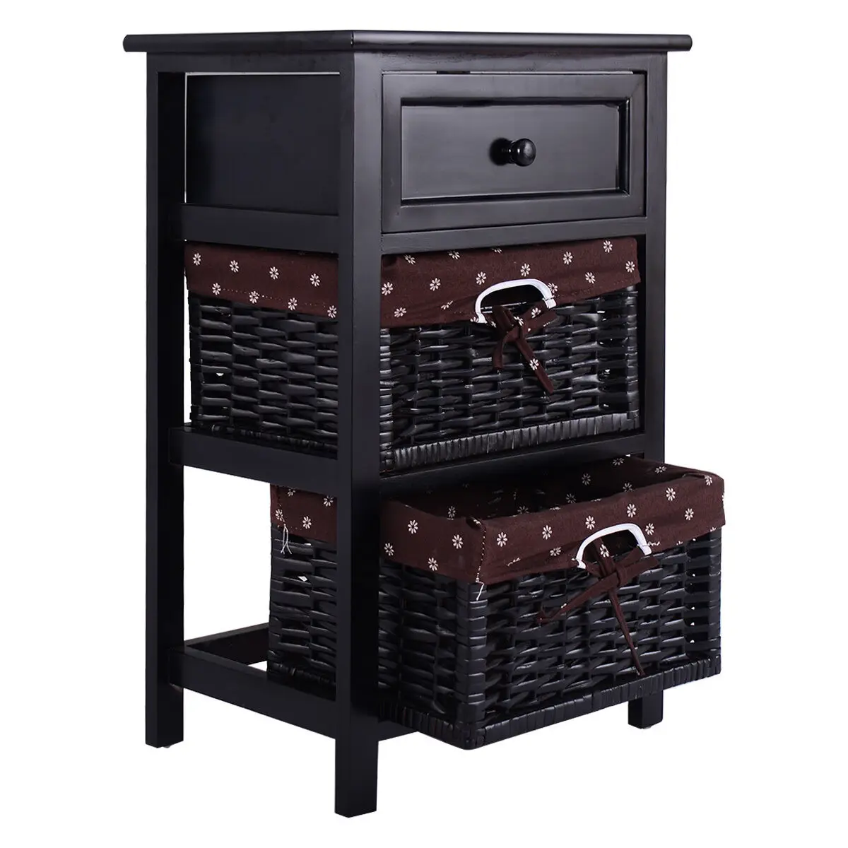 Costway Black Night Stand 3 Tiers 1 Drawer Bedside End Table Organizer Wood W/2 Baskets