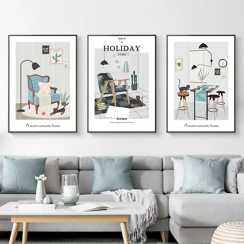 Cartoon Prints Modular Poster Picture Wall Art Canvas Painting black cat sofa chair awarm romantic home Nordic Style Home Decor