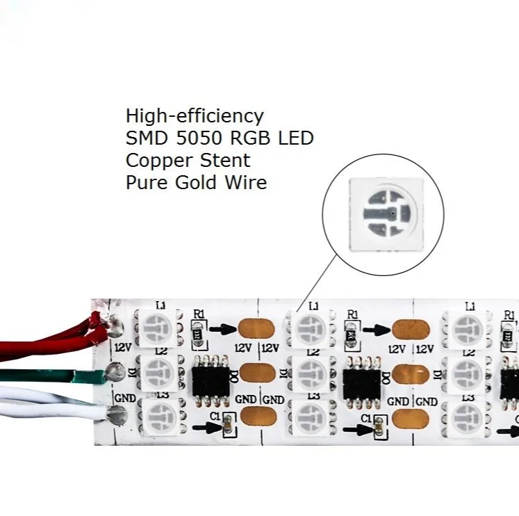 WS2811 Addressable DC12V 144 leds /48 Pixels/M  RGB Dream Color Changing UCS1903 WS2811 Three-row RGB Pixel  led  strip