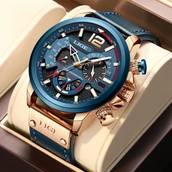 LIGE 2024 New Blue Leather Mens Watches Top Brand Luxury Quartz Watch For Men Fashion Design Clock Male Waterproof Wristwatch