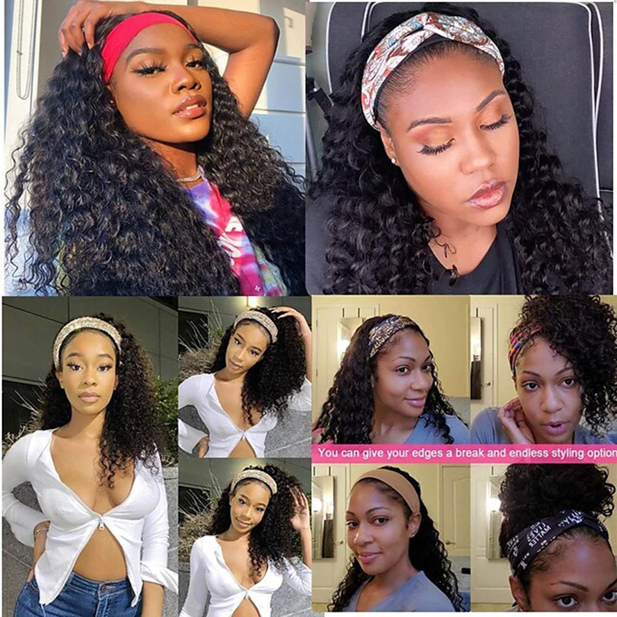 Headband Wig Human Hair blend Deep Wave Wigs for Black Women Deep Curly Glueless None Lace Front Wigs