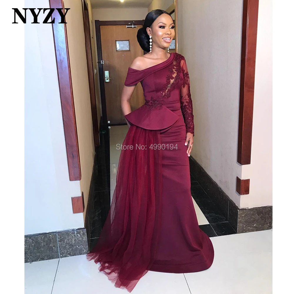 

One Long Sleeves Burgundy Evening Dresses NYZY E257 Africa Satin Formal Dress vestidos de fiesta Abendkleider