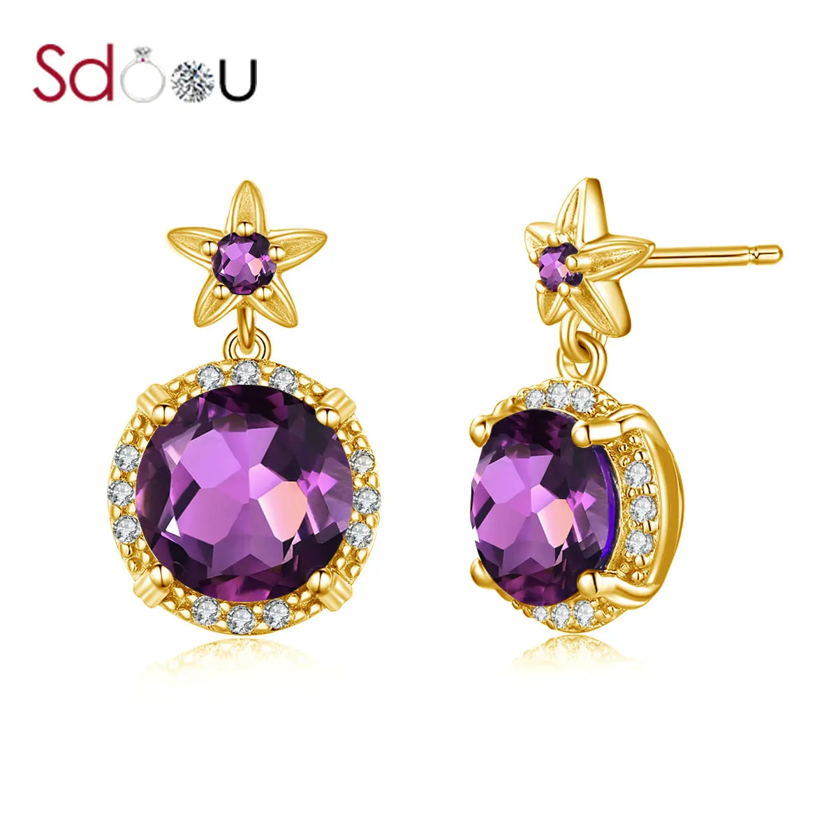 

SDOOU Top Trendy 14K Gold Earrings For Women Purple Amethyst Created Flower Inlaid Zircon Stud Earrings Luxury Jewelry Hot Sale