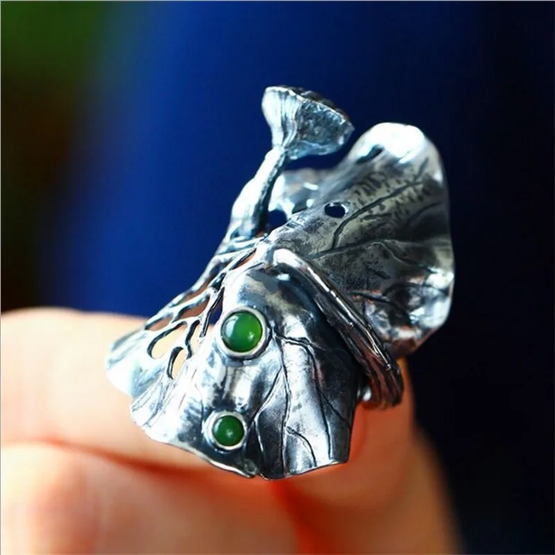 BOCAI New Real Solid S925 Silver Jewelry Woman Ring Hetian Jasper Autumn Rain LotusLeaf Ring