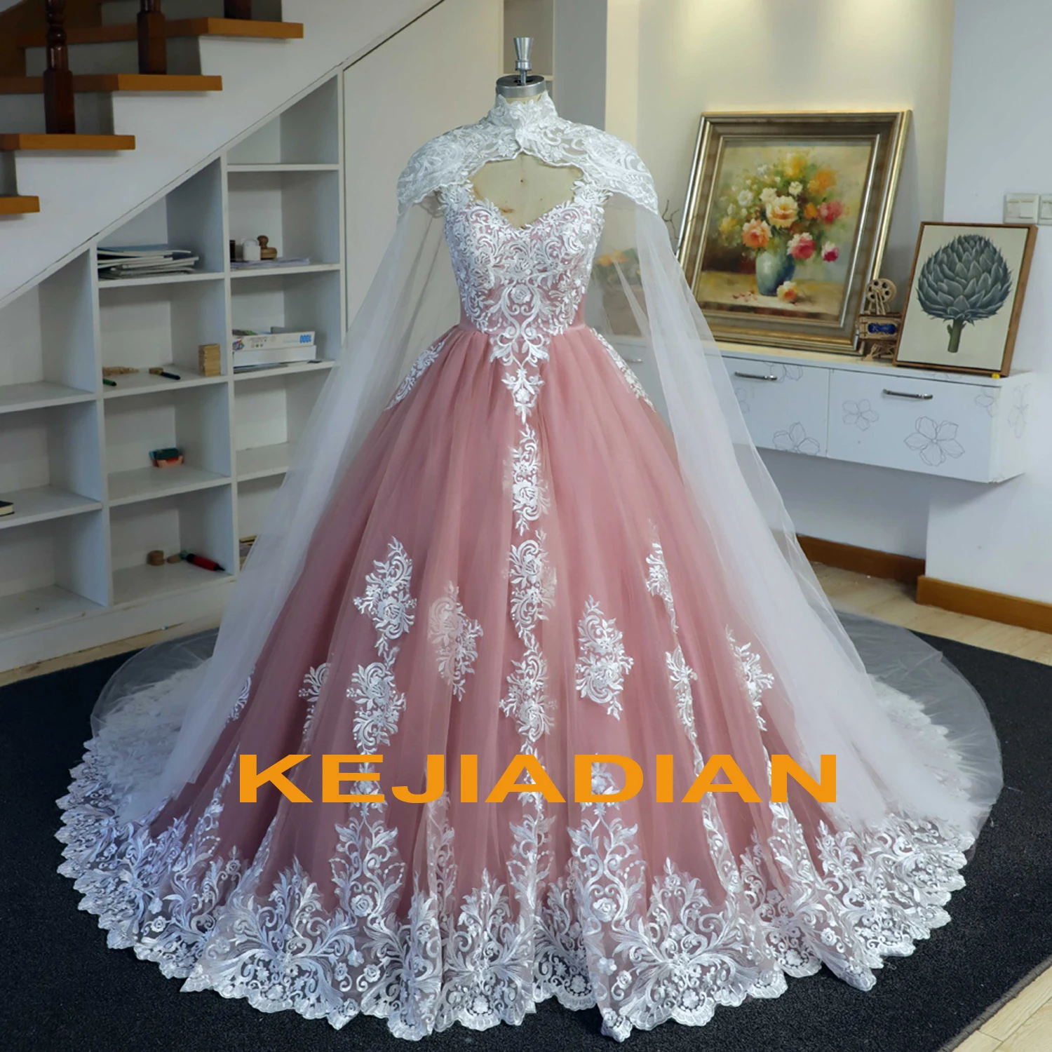 2022 Roze Quinceanera Jurken Met Cape Baljurk Sweetheart Lace Kralen Party Prinses Zoete 16 Jurk Tule Lace-Up backless