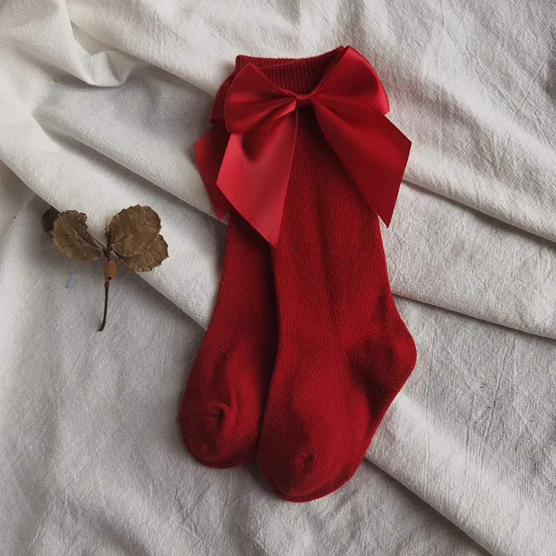 Bebê meninas meias outono criança grande arco joelho alto longo macio bonito crianças meia de natal algodão vermelho recém-nascido socken para 0-5 anos