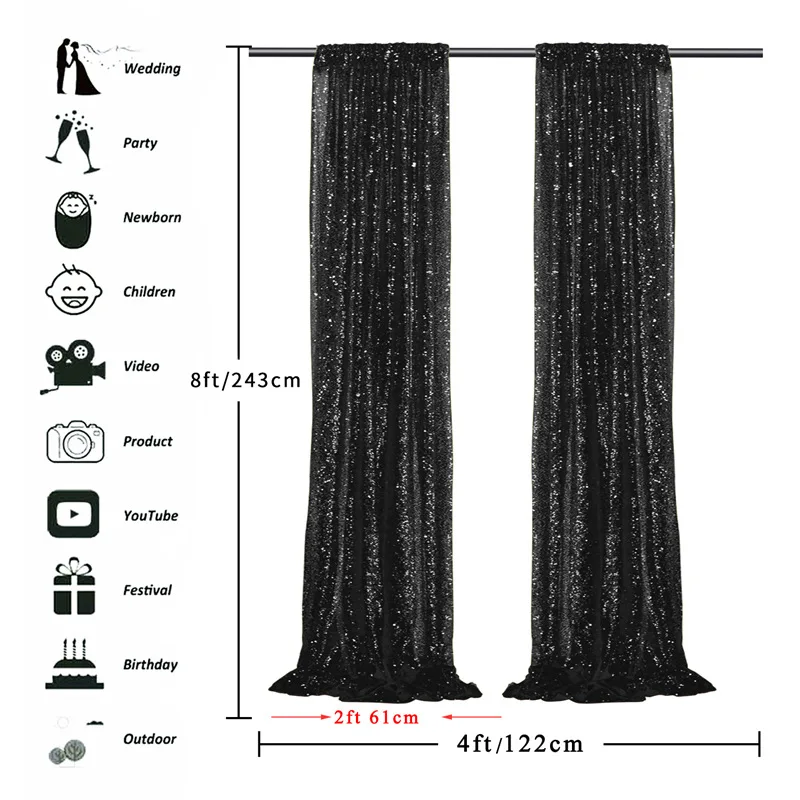 

2 Panels 2ft X 8ft Background for Party Black Glitter Backdrop Curtain Photography Background Drapes