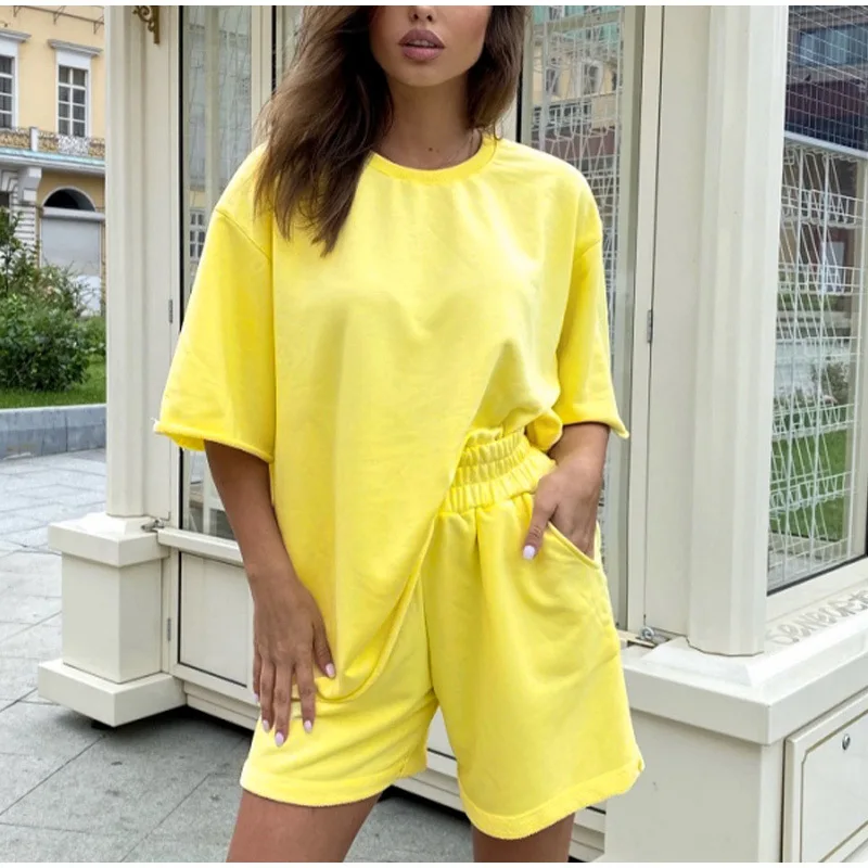 ZuoLunOuBa Summer Fashion Blank Solid Color Movement Women Suit Loose Short Sleeves Tops Elastic Waist Khaki Shorts Suits Female