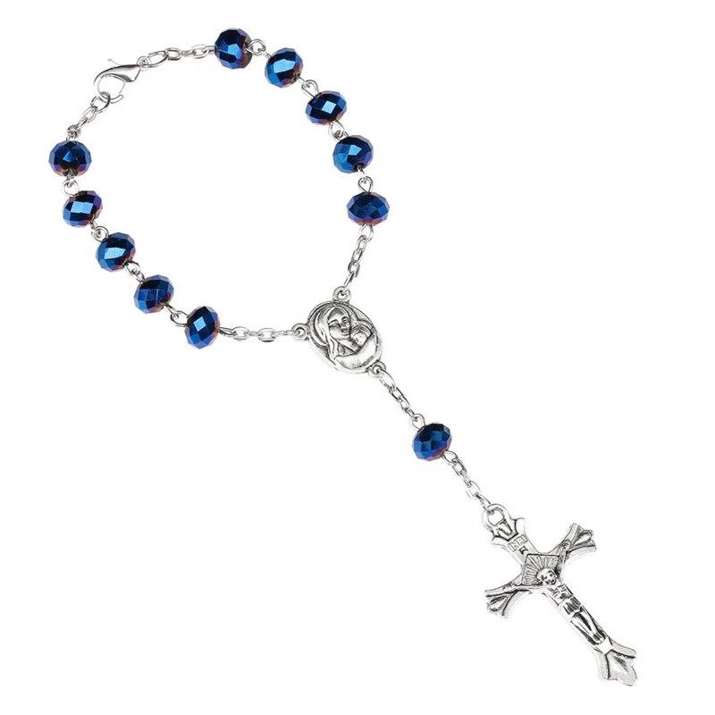 QIGO Blue Crystal Rosary Bracelet Cross Women Catholic Jewelry Gifts