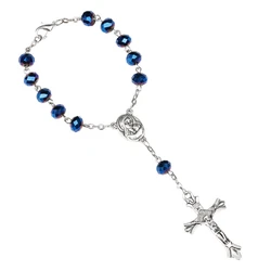 QIGO Blue Crystal Rosary Bracelet Cross Women Catholic Jewelry Gifts