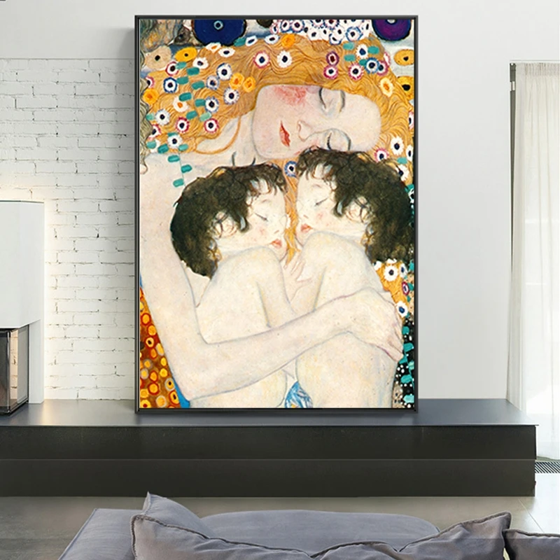 Famous Painting Mother Love Twins Baby By Gustav Klimt Canvas Painting Posters and Print Wall Art Picture for Living Room Decor