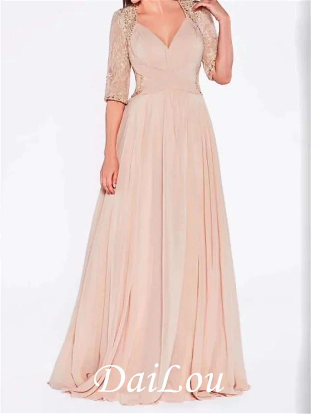 Mother of the Bride Dress Plus Size Sexy Plunging Neck A-Line Chiffon Half Sleeve with Lace Criss Cross Pleats 2021