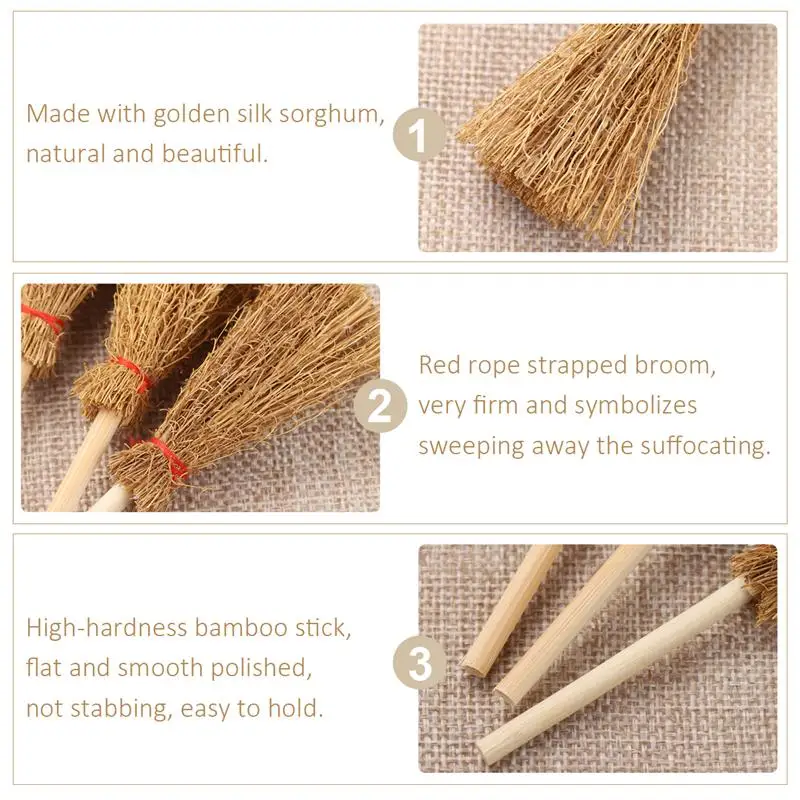 12pcs Mini Broom Costume Hangings Decorations Toys With Red Rope Straw Broom Wizard Accessory For Halloween Party