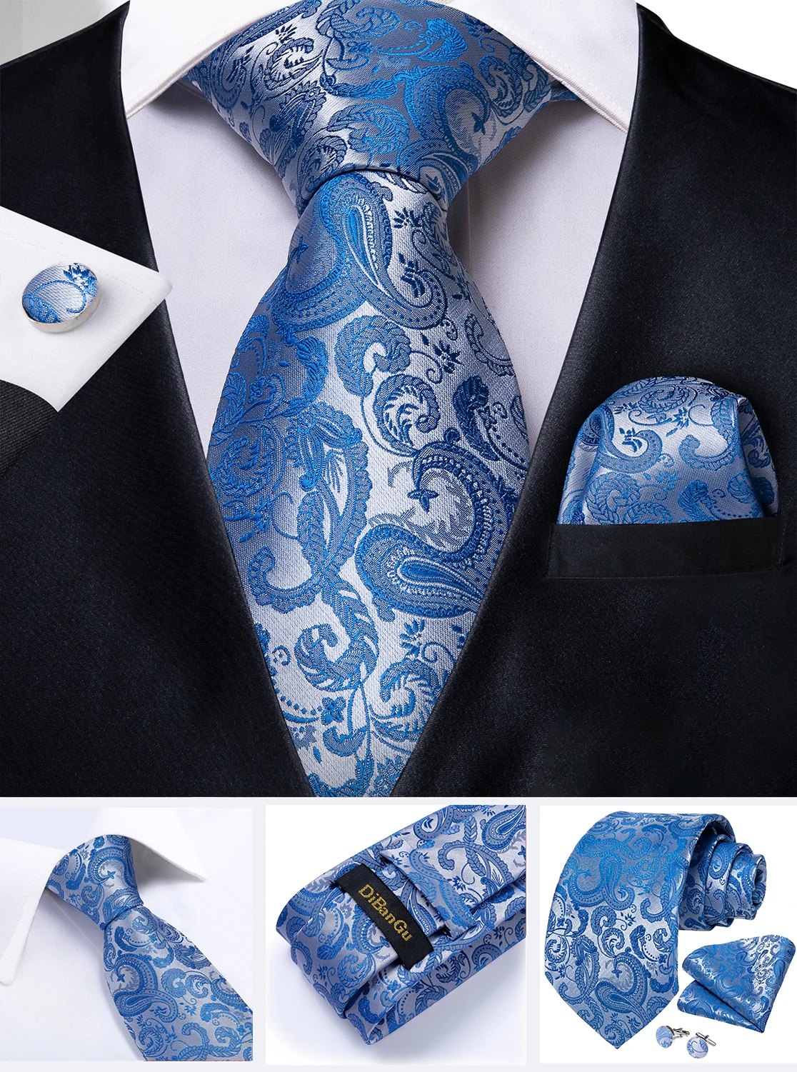 Modische 8cm Krawatte Hellgrün Herren Business Hochzeit Party Formelle Krawatte Accessoires Taschentuch Manschettenknöpfe DiBanGu – Detail 16