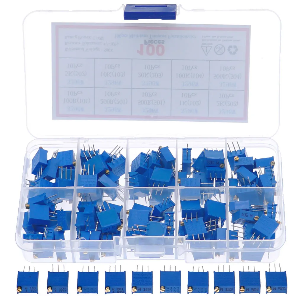 100Pcs/Box 3296W Multiturn Trimmer Potentiometer Kit High Precision Variable Resistor With Box Kit