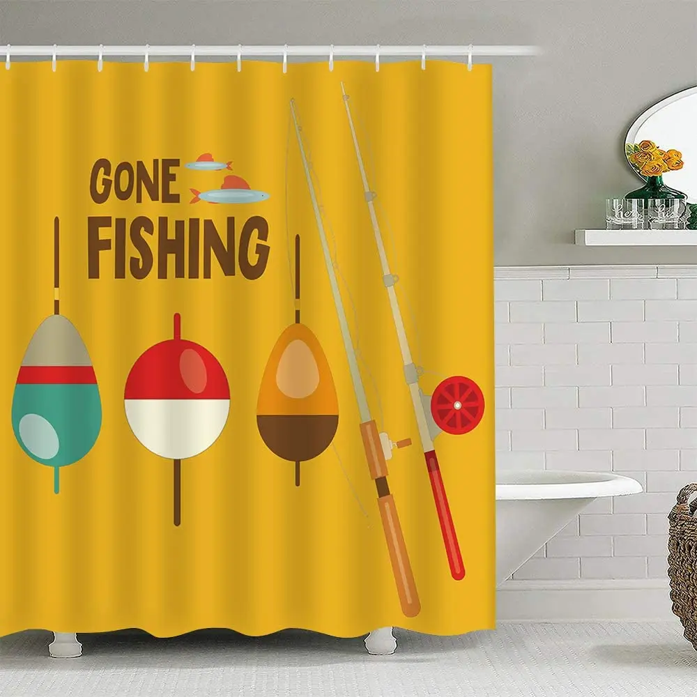 Gone Fishing Shower Curtain, Fishing Pole Bobber Yellow Fishing Enthusiast Bath Curtain, Bathroom Decor Waterproof with Hooks