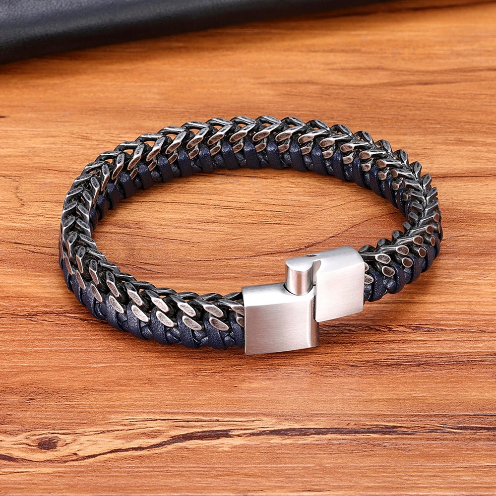 XQNI Luxury Vintage Handmade Leather Braid Men Bracelet Stainless Steel Buckle Business Men\'s Bangles For Friend Partner Lovers