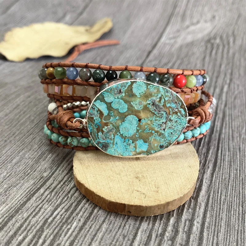 Multi-layer Leather Wrap Beaded Bracelet Huge Ocean Stone Boho Chic Jewelry Bohemian vintage Ethnic Bracelet Valentine's Gift