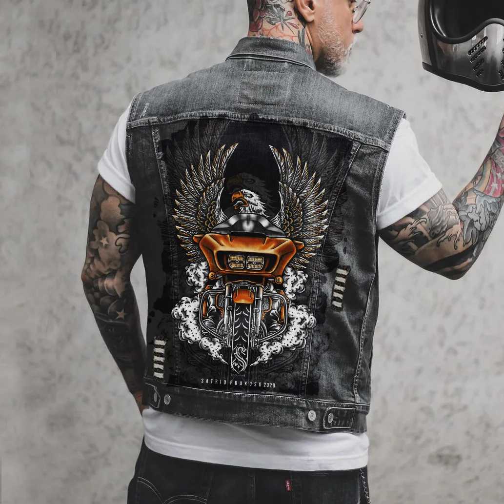 Street Motorcycle Show Winged Eagle Printing Casual pesante artigianato usurato gilet in Denim da uomo lavato